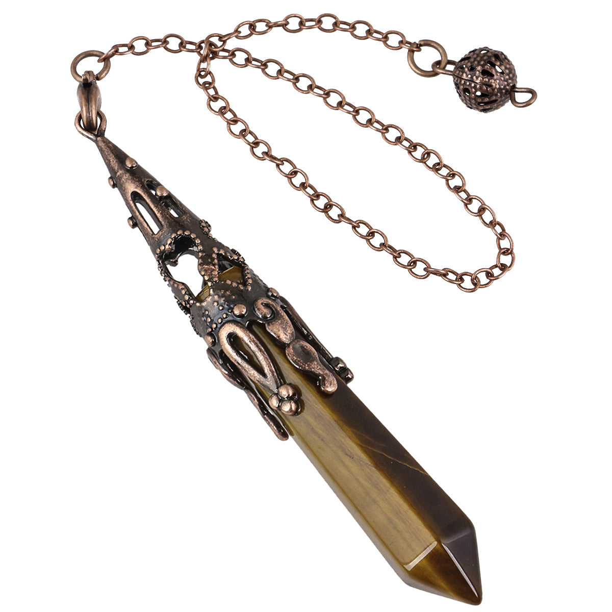 Natural Tiger Eye Pendulum Hexagonal Pillar Pendant with Copper Color Bead Chain-Exquisite Jewelry, Healing the Soul