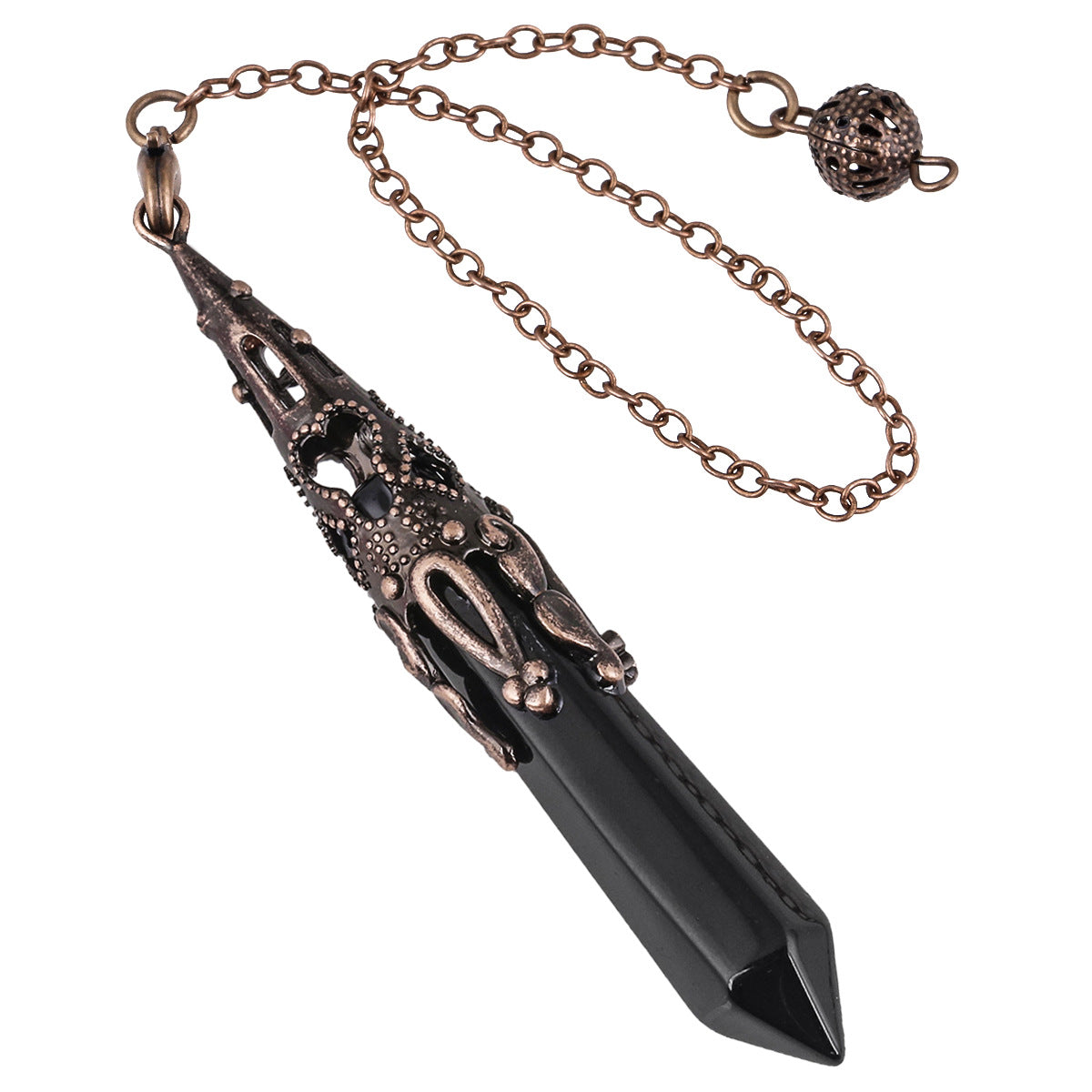 Natural Black Obsidian Pendulum Hexagonal Pillar Pendant with Copper Color Bead Chain-Exquisite Jewelry, Healing the Soul